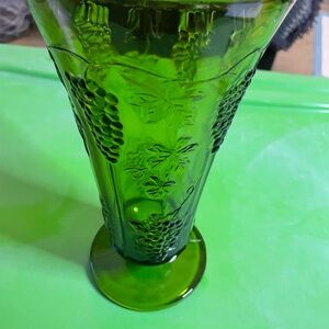 Green Glass Vase with Grape Design
